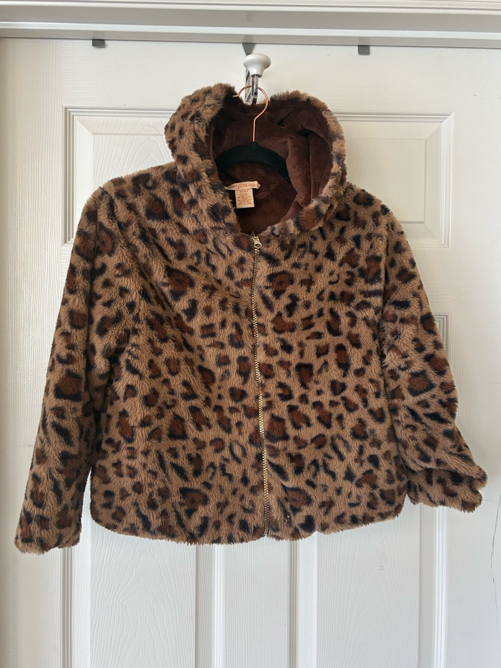 Leopard Print Fuzzy Faux Fur Zip Up Animal Ears Hooded Jacket - Brown XL